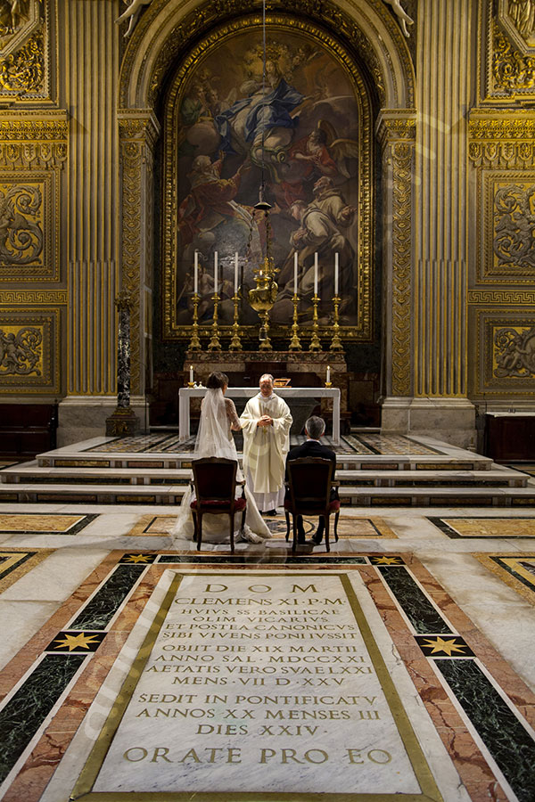Wedding vow renewal celebrated in Cappella del Coro also known as Chapel of the Choir in Vatican St Peter Cathedral