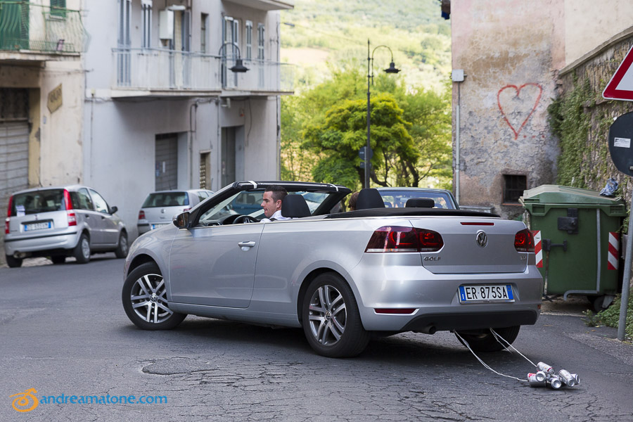 The wedding car photographed sideways.