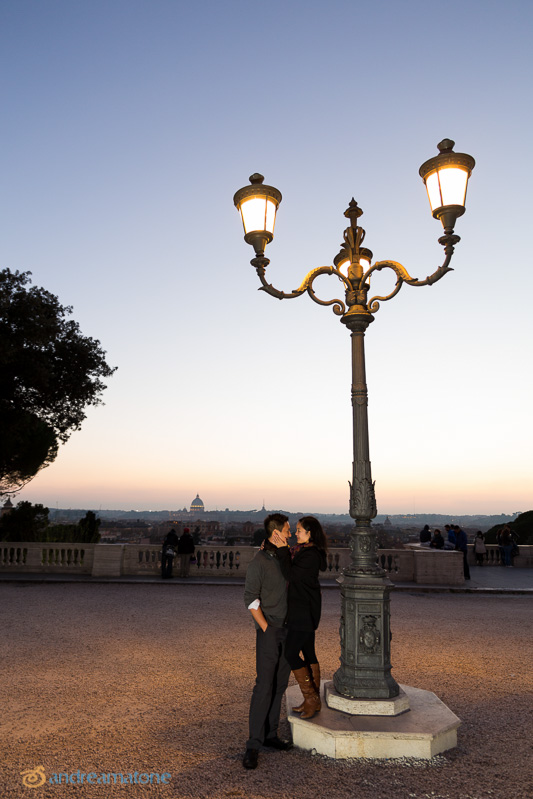 Engaged in Parco del Pincio in Villa Borghese.