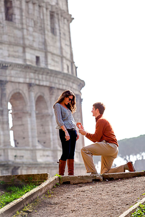 Proposing marriage at the roman Coliseum in the Eternal city of Italy