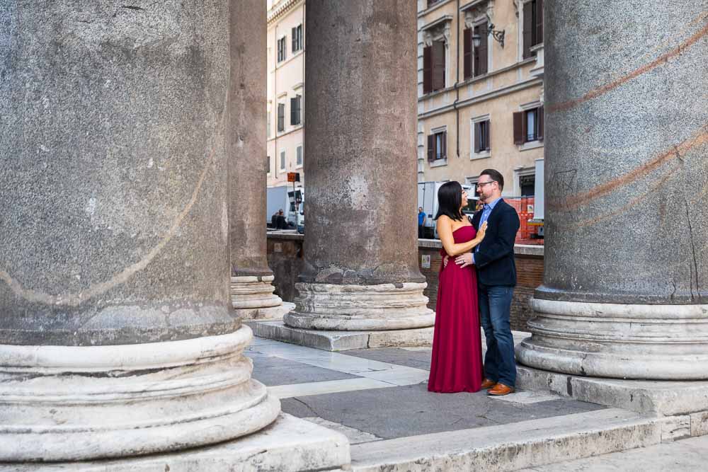 Standing underneath the massive Pantheon colonnade during a photography session