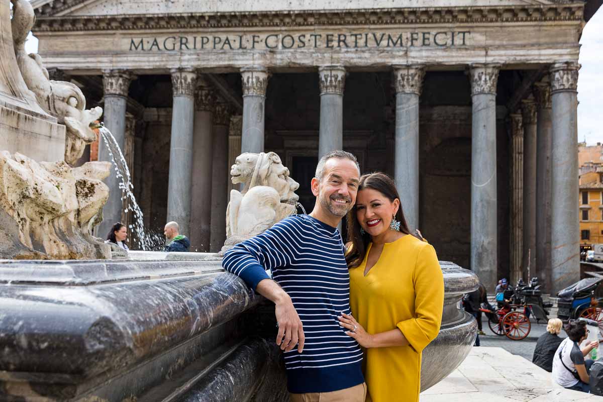 Posing before the roman Pantheon during a photo shoot