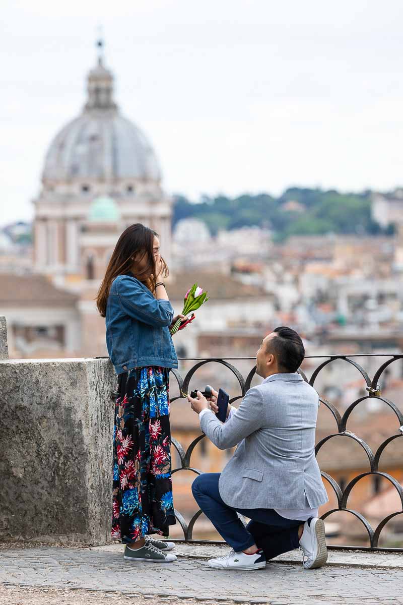 Rome Proposal Photography taking place at the scenic terrace view of Parco del Pincio in the Villa Borghese gardens of Italy