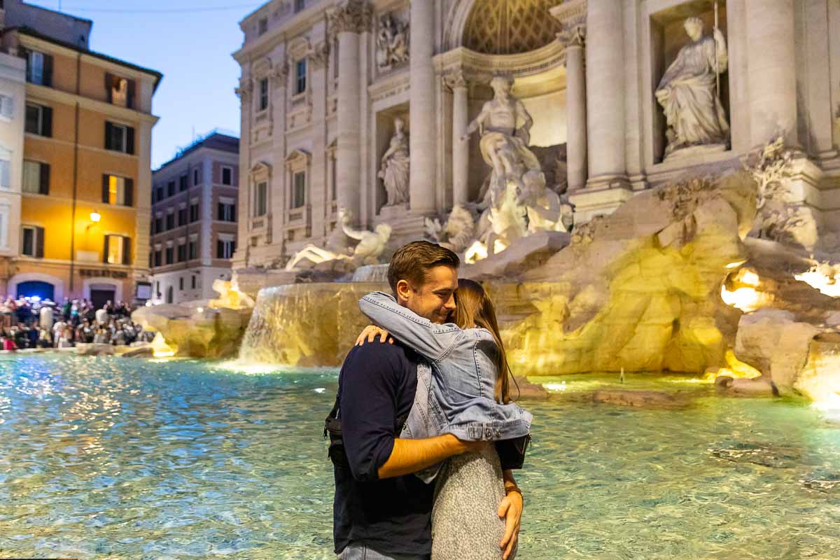 Couple just engaged roman water fountain Italy