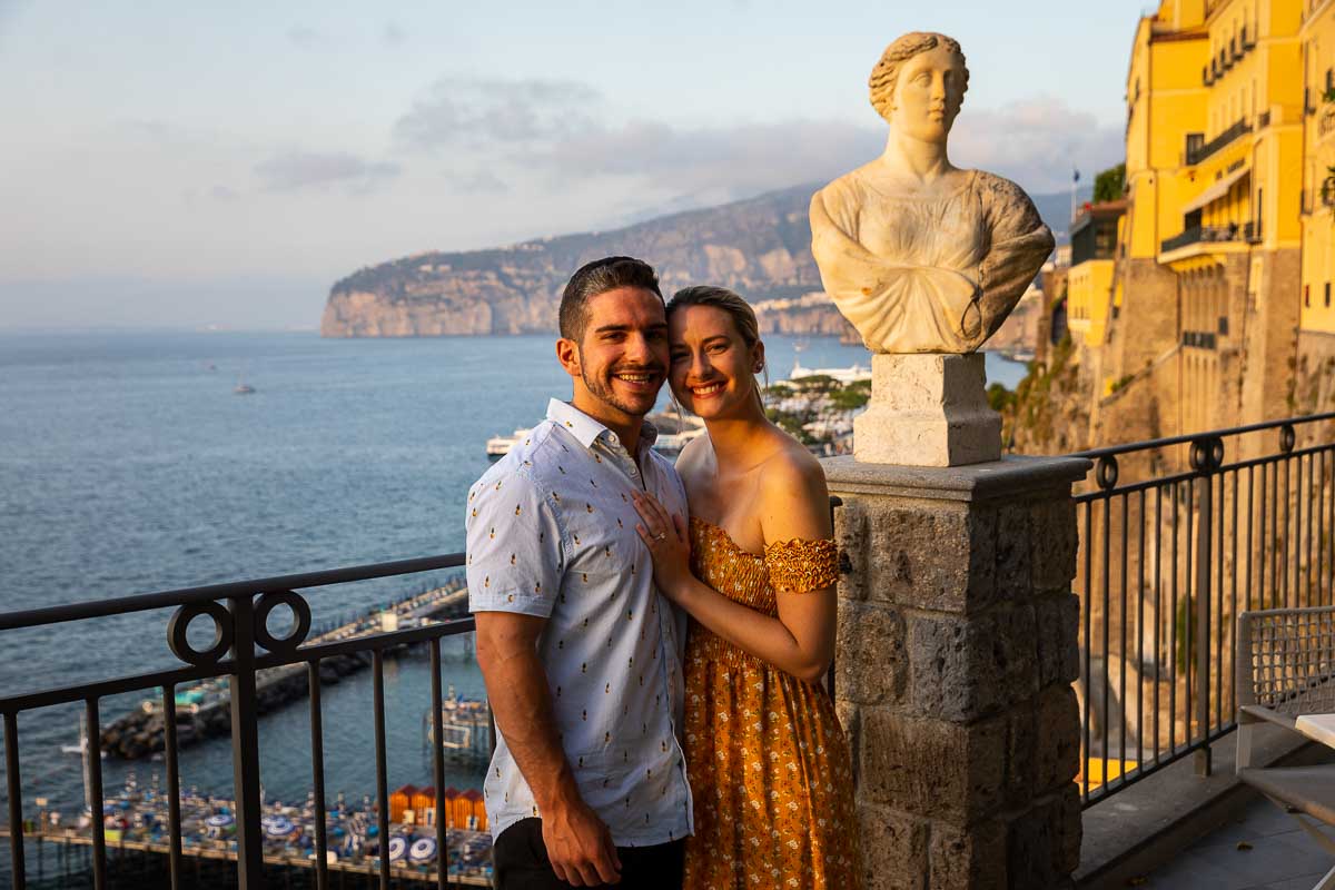 Just engaged couple portrait in front of the coastal view