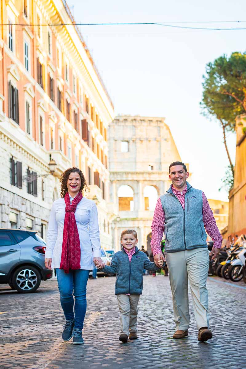 Walking in the city of Rome during a family photo session