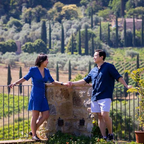Couple portrait together in the Tuscany hills of Montalcino