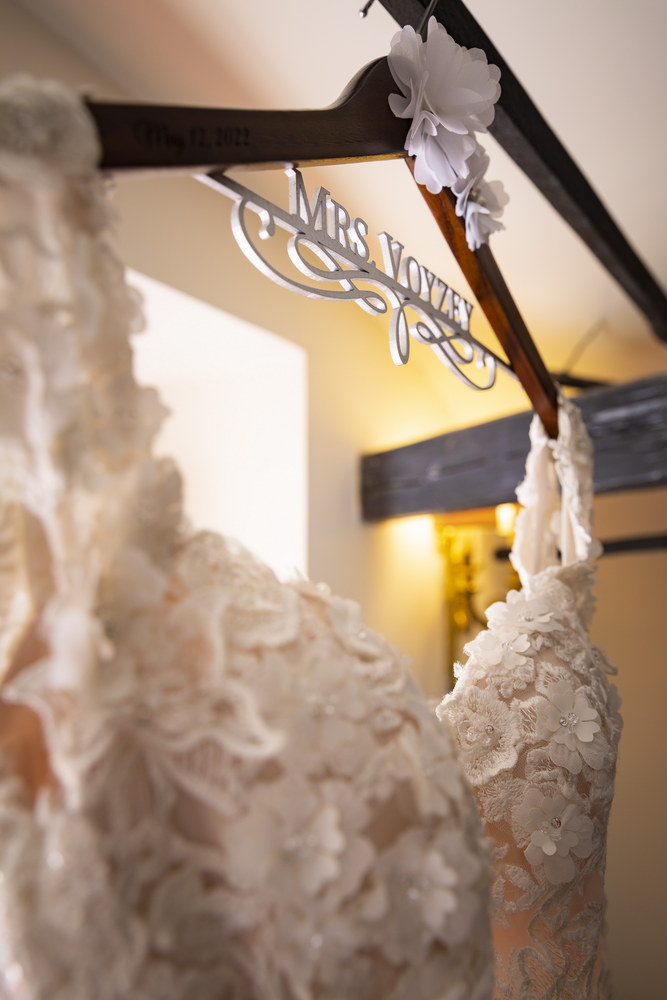 Wedding dress hanger with inscriptions closeup