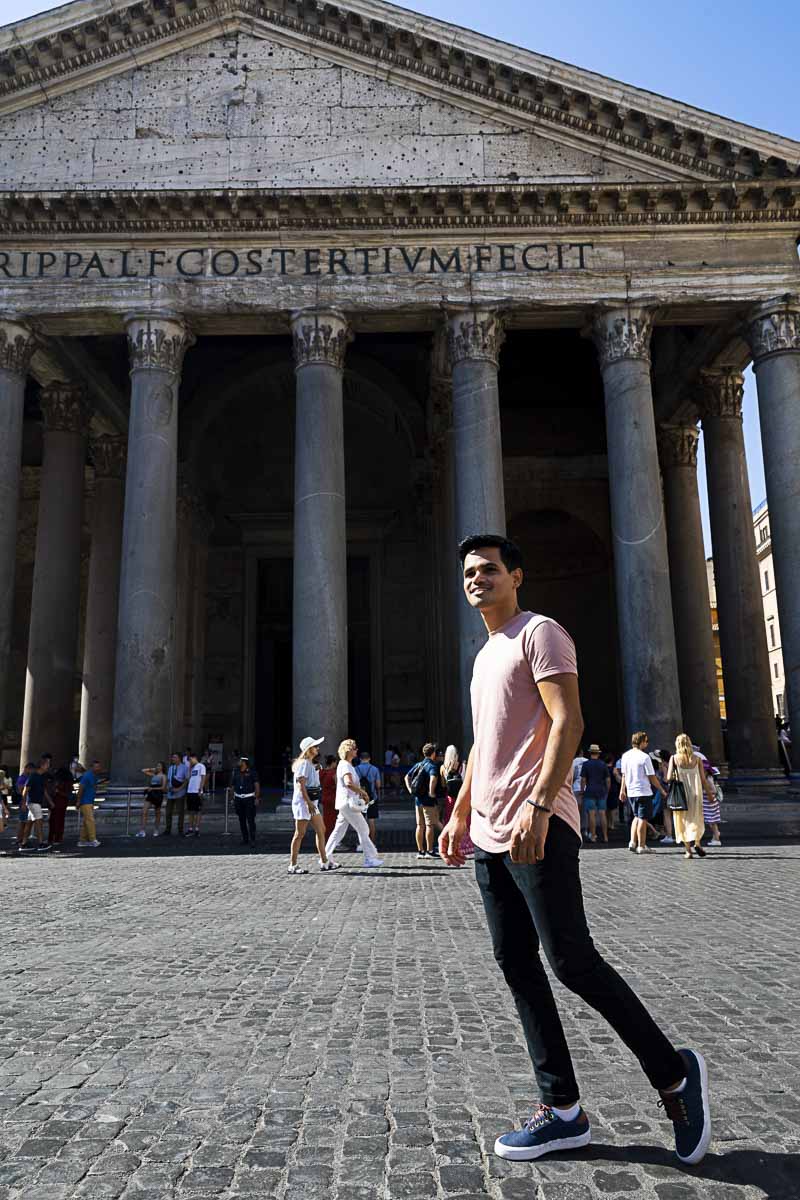 Standing in front Roman Pantheon. Walking through one most imposing landmarks in Italy