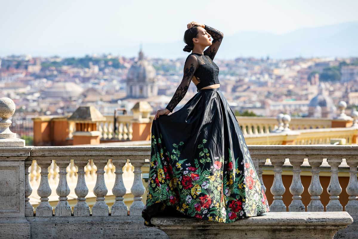 Woman model posing portrait fashion in front sweeping view panoramic skyline 