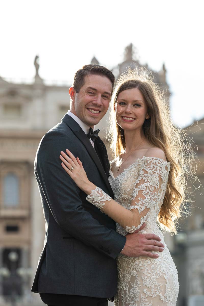 Golden light newlyweds portrait after the novelli sposi papal audience