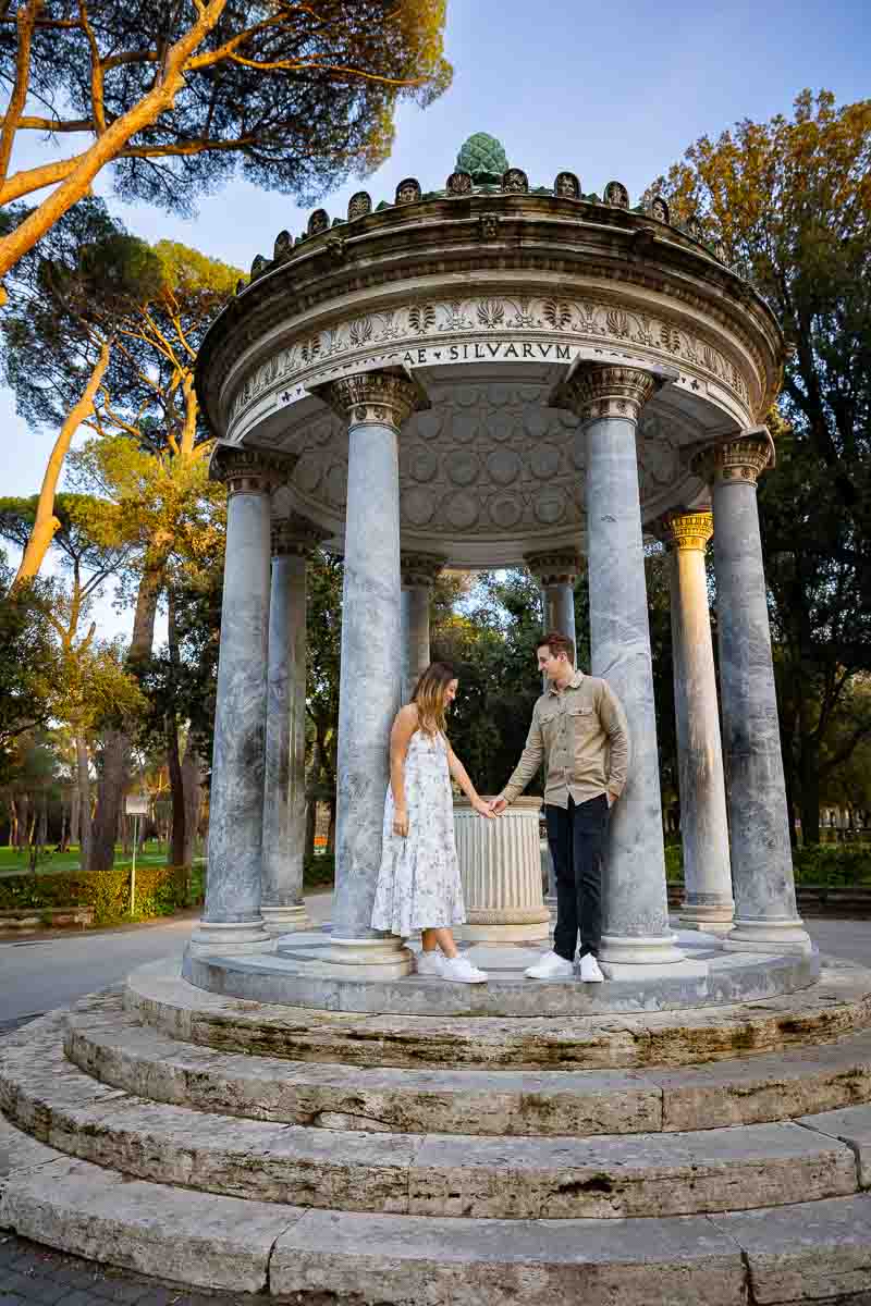 Engagement couple portrait taken in front of Temple of Diana in Italy