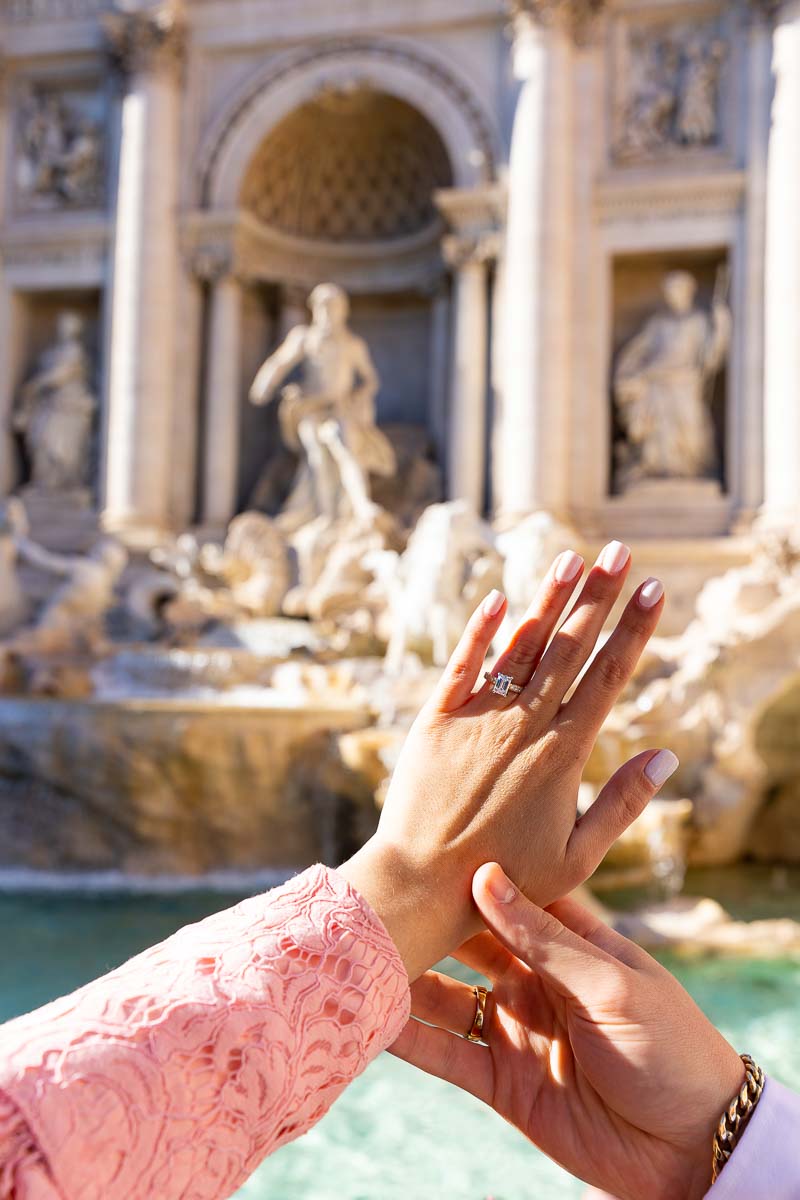 Engagement ring close up photographed Trevi fountain