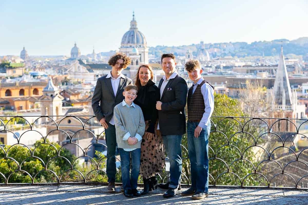 Stand up portrait picture taken in front roman skyline seen from the Parco del Pincio terrace panoramic outlook