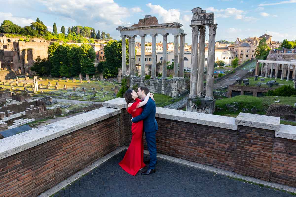 Coupe photography taken Roman Forum view ancient monument background