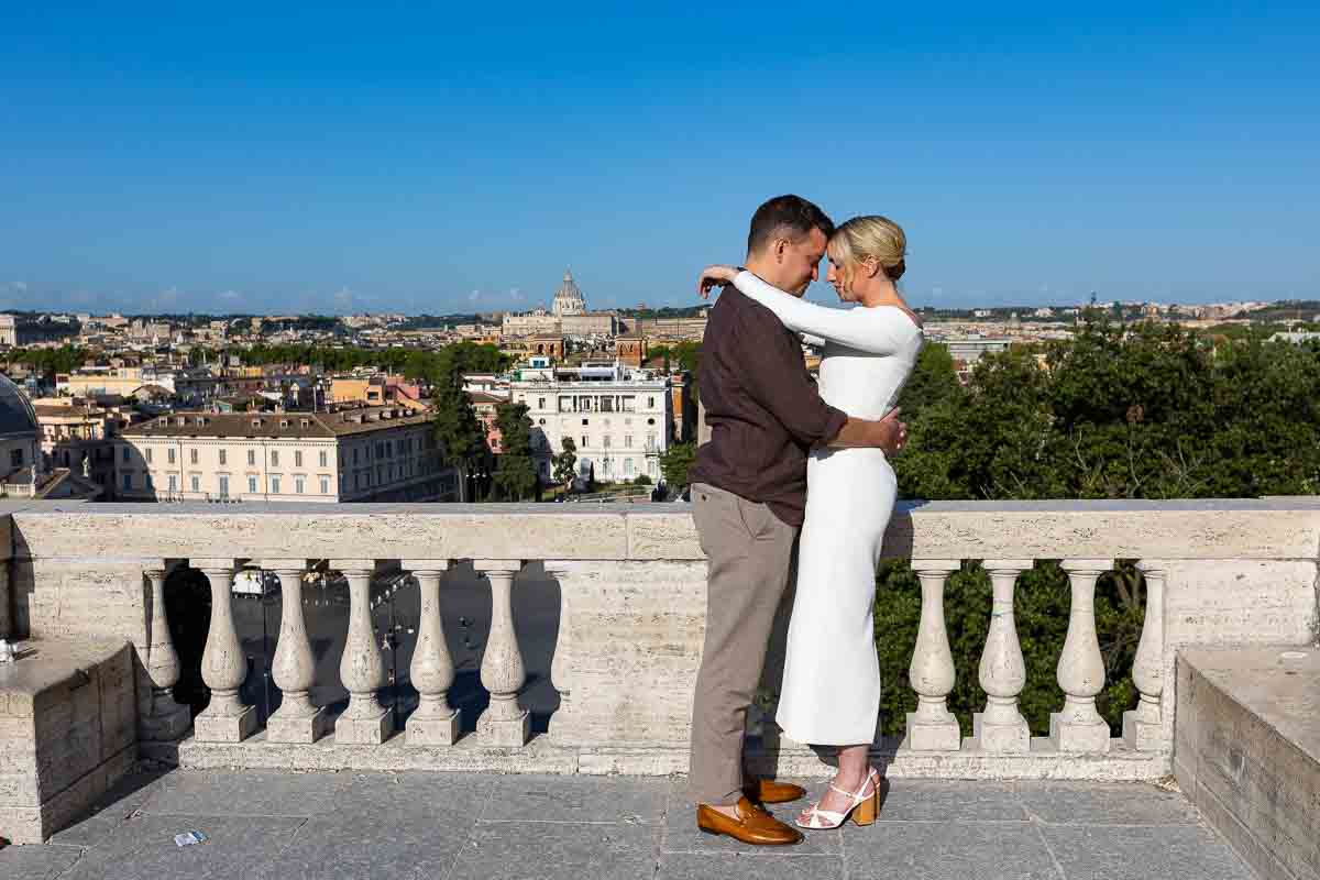 Engagement photography white terrace of parco del pincio in Italy