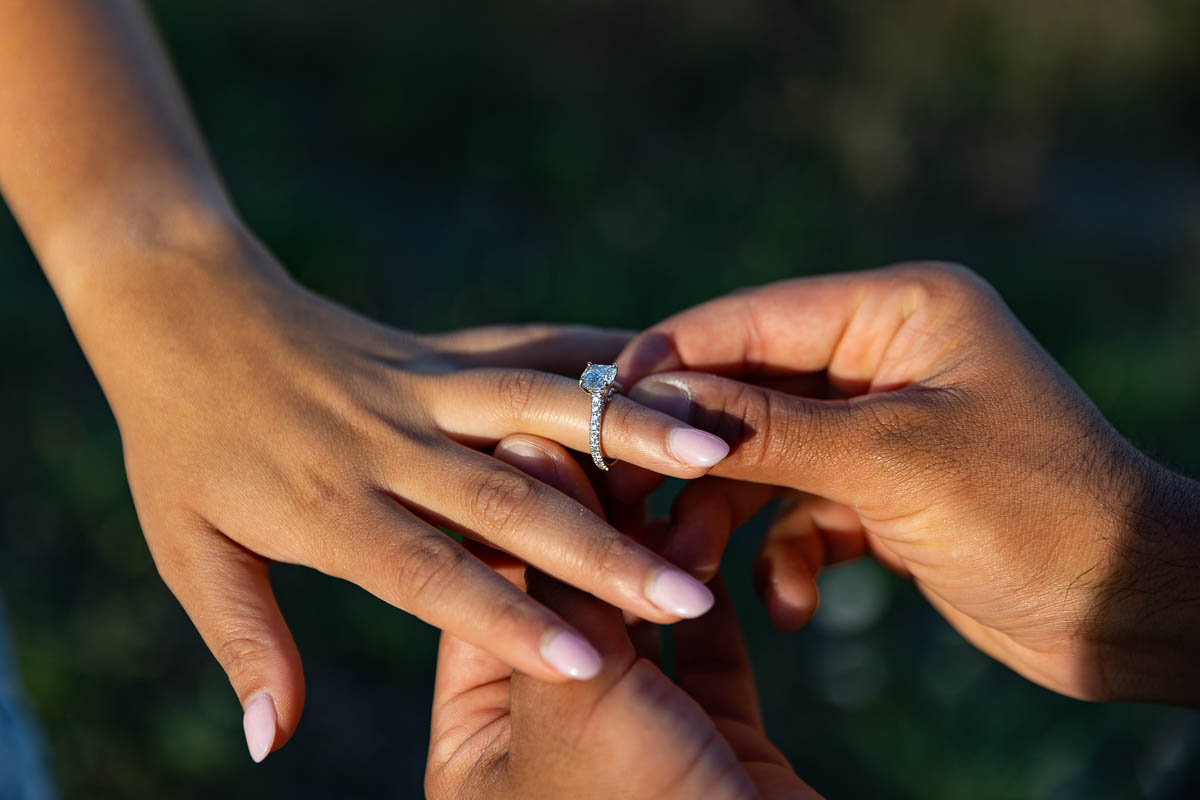 Close-up of the engagement ring during the proposal moment in Tuscany