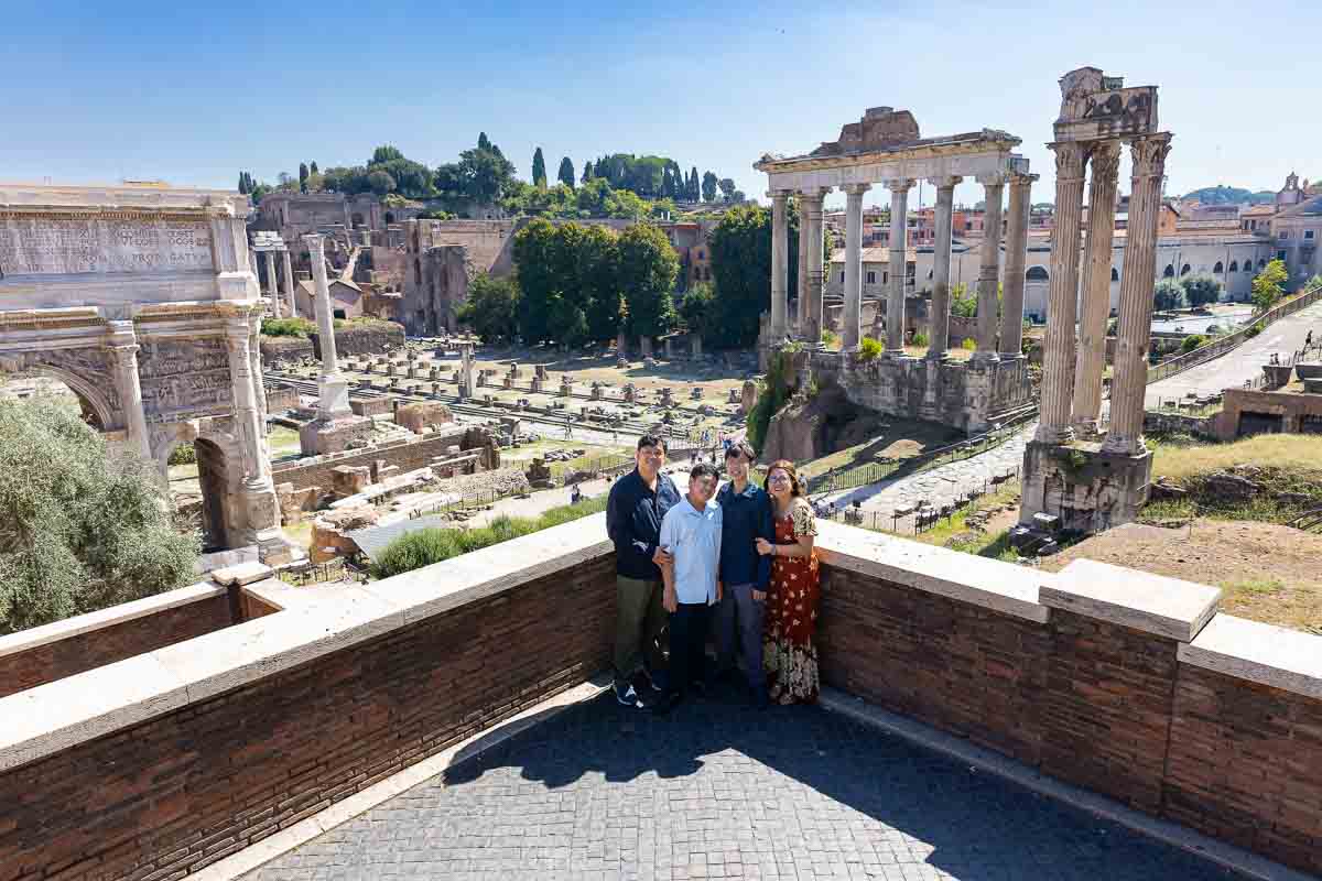 Wide angle view photography posing during a vacation photoshoot. Roman Forum