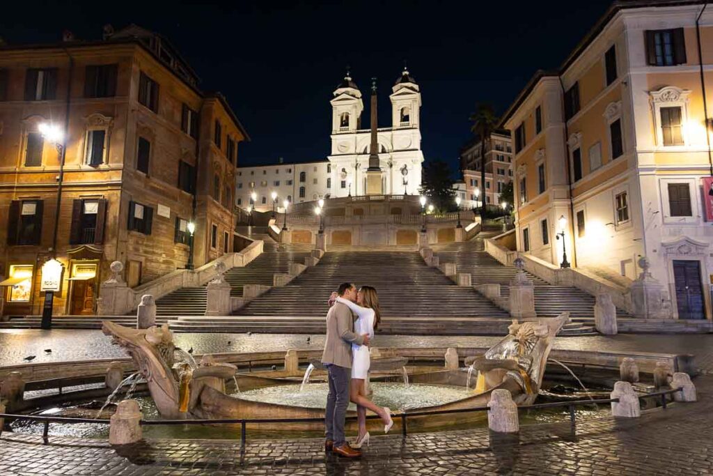 Love story photo session. Couple taking pictures. Spanish steps. Early morning