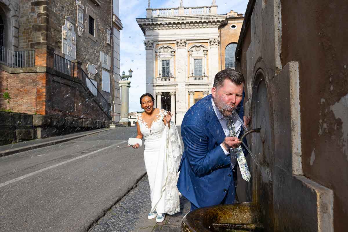 Drinking from a water fountain during a fun and creative photographic journey fun and laughter