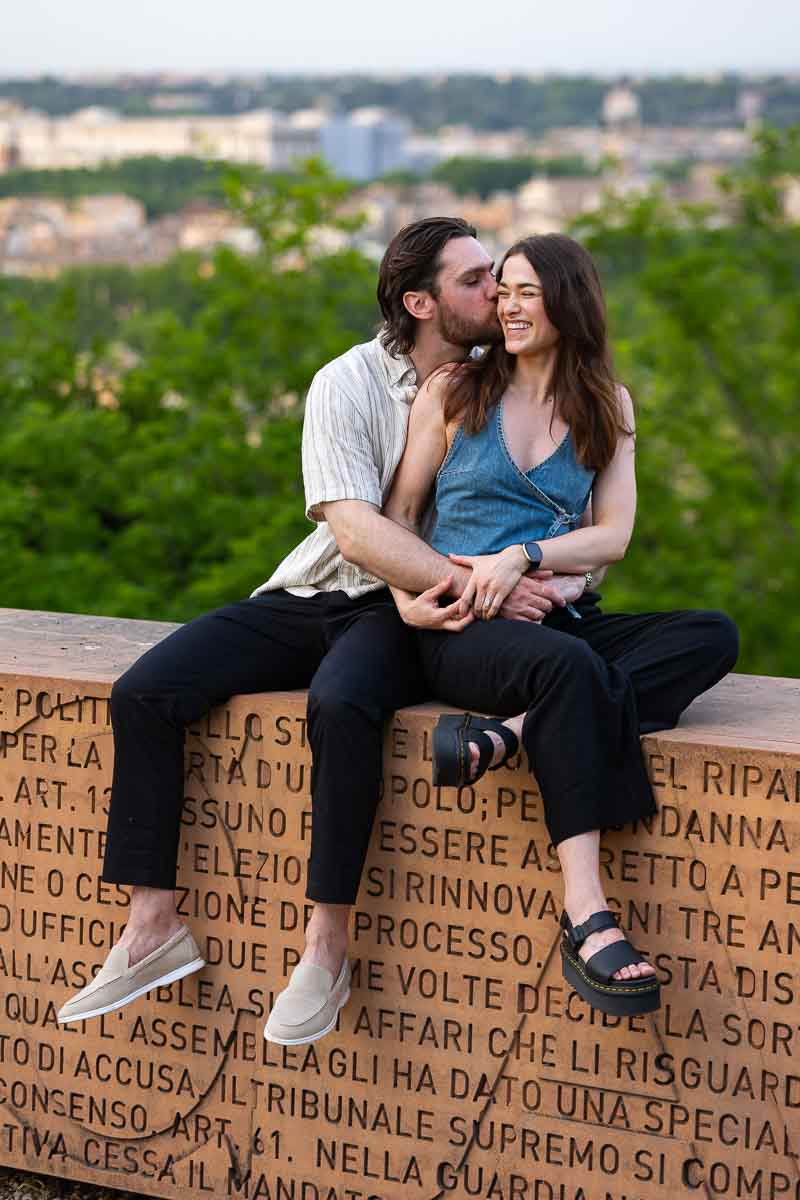 Fun laughing couple portrait taken during an engagement photoshoot in Rome Italy