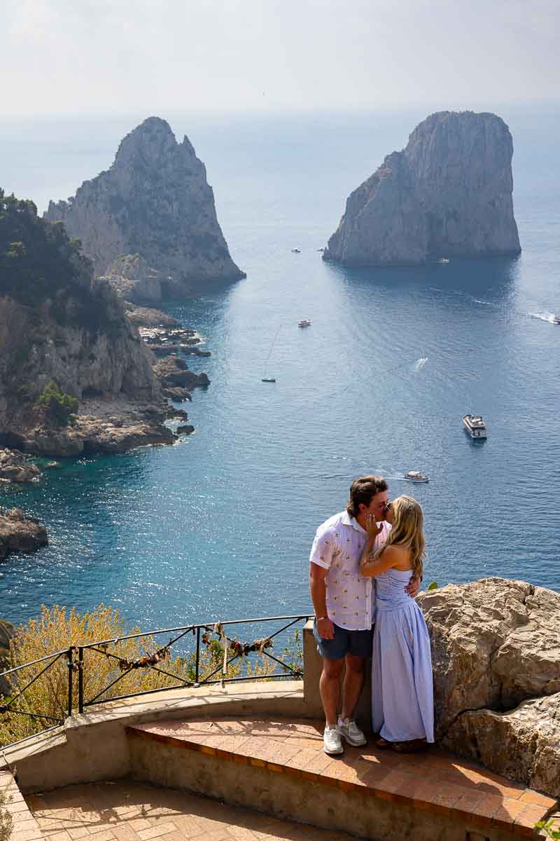 Couple just engaged in the island of Capri taking engagement pictures