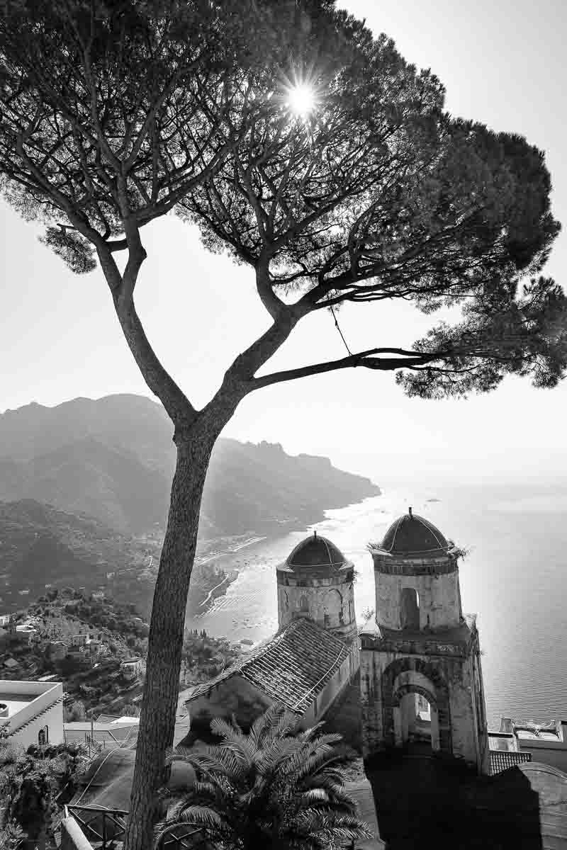 Black and white photography of the Amalfi coast seen from Ravello's Villa Rufolo Italy