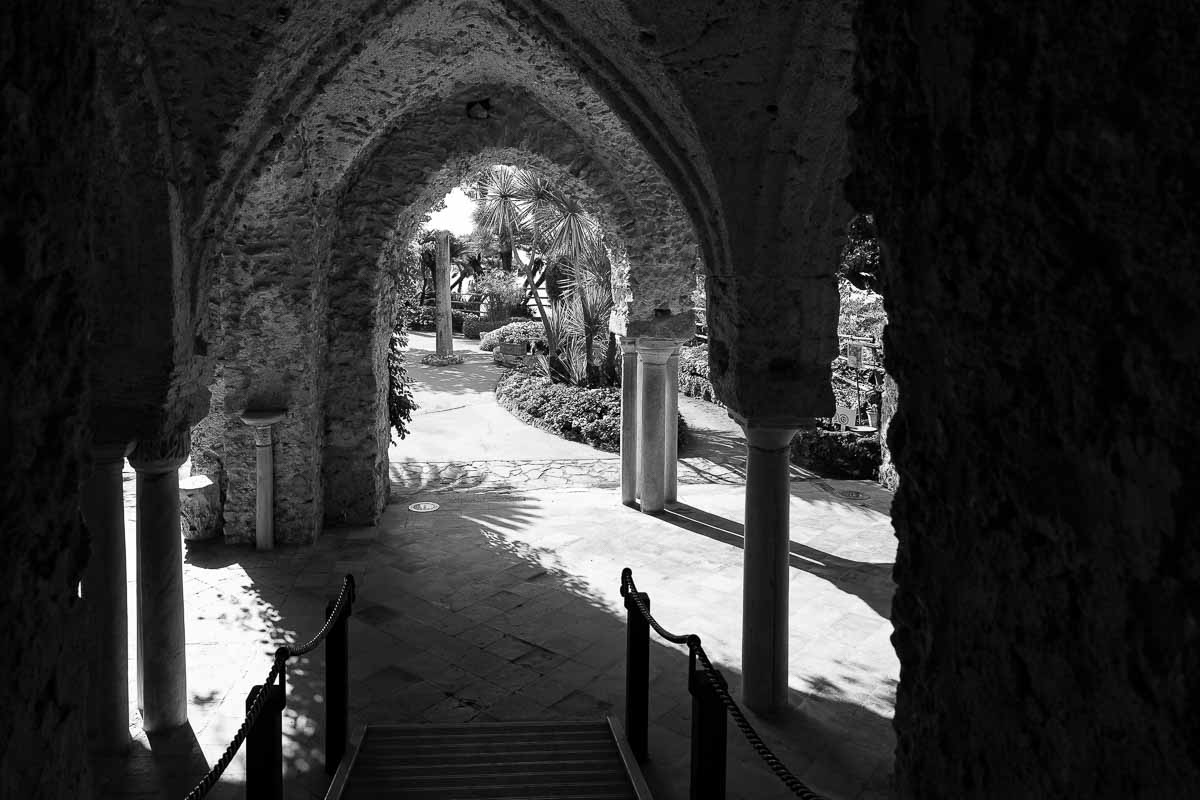The columns and colonnade interior courtyard black and white photography