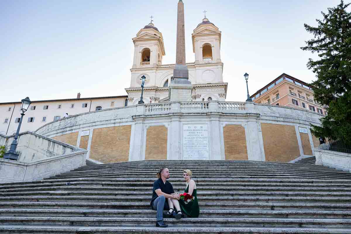 The spanish steps photographed completely empty of people with just a couple on a Rome photoshoot