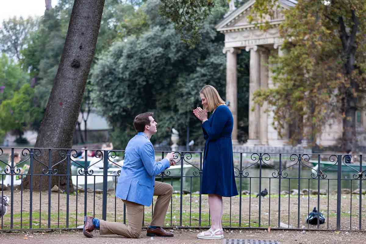Villa Borghese lakeside Rome proposal in front of temple of Aesculapius