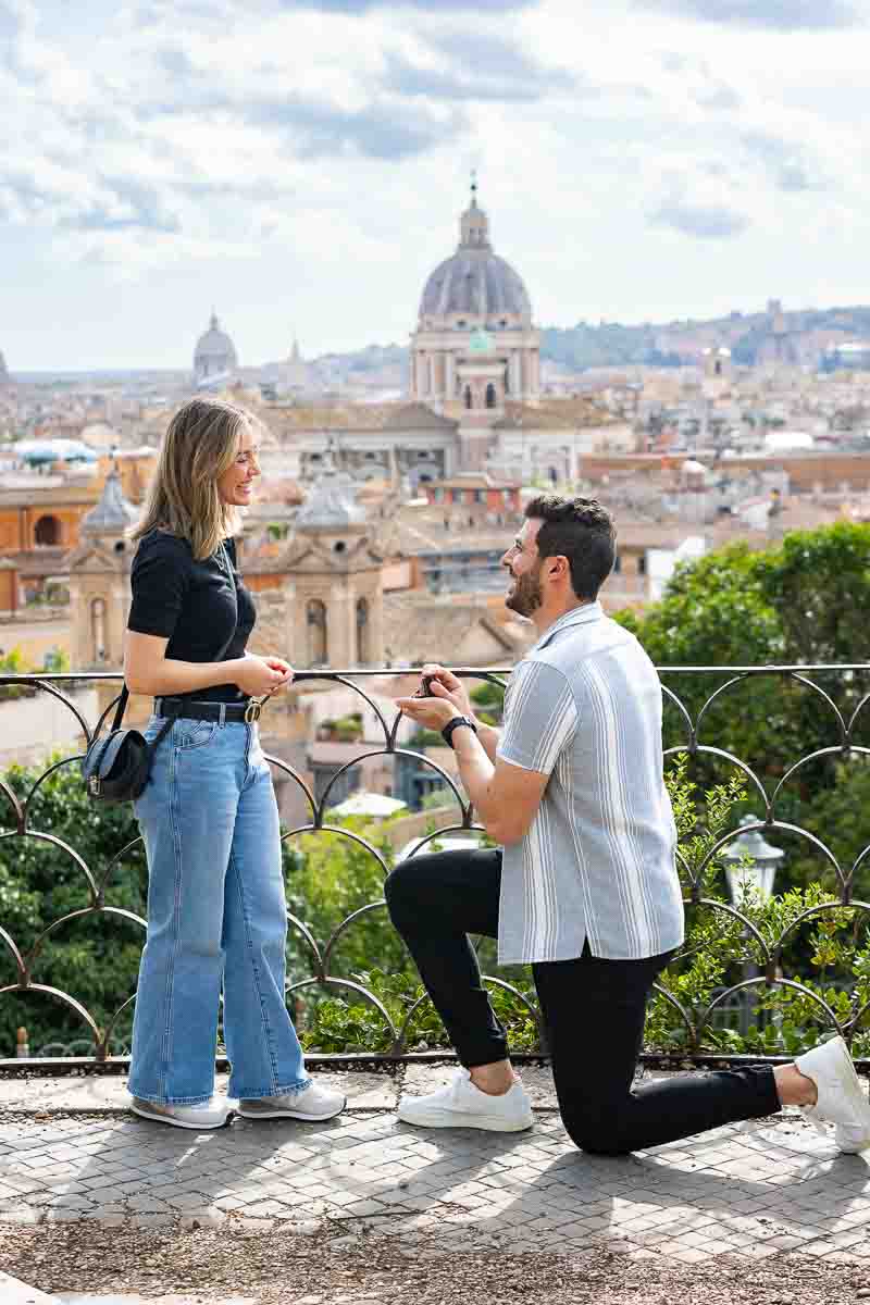 Knee down Rome Marriage Proposal in one of the Eternal city's most scenic location the Pincio terrace outlook