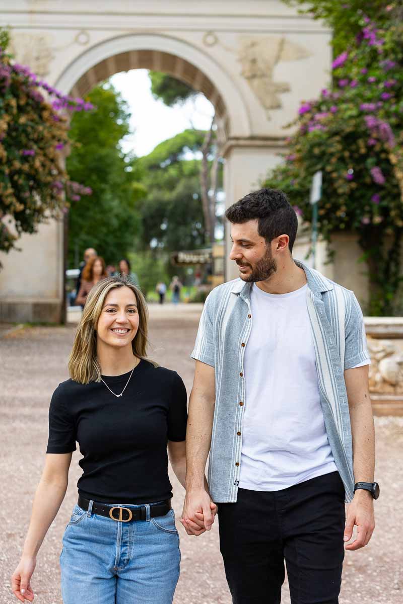 Walking together during a couple photoshoot with a professional photographer