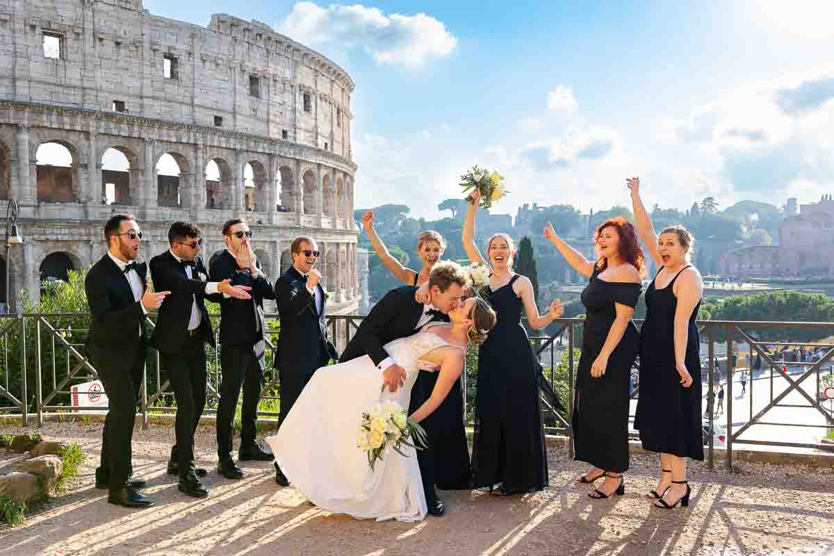 Fun pictures of the wedding party celebrating marriage in Rome Wedding Photography and Videography in Italy