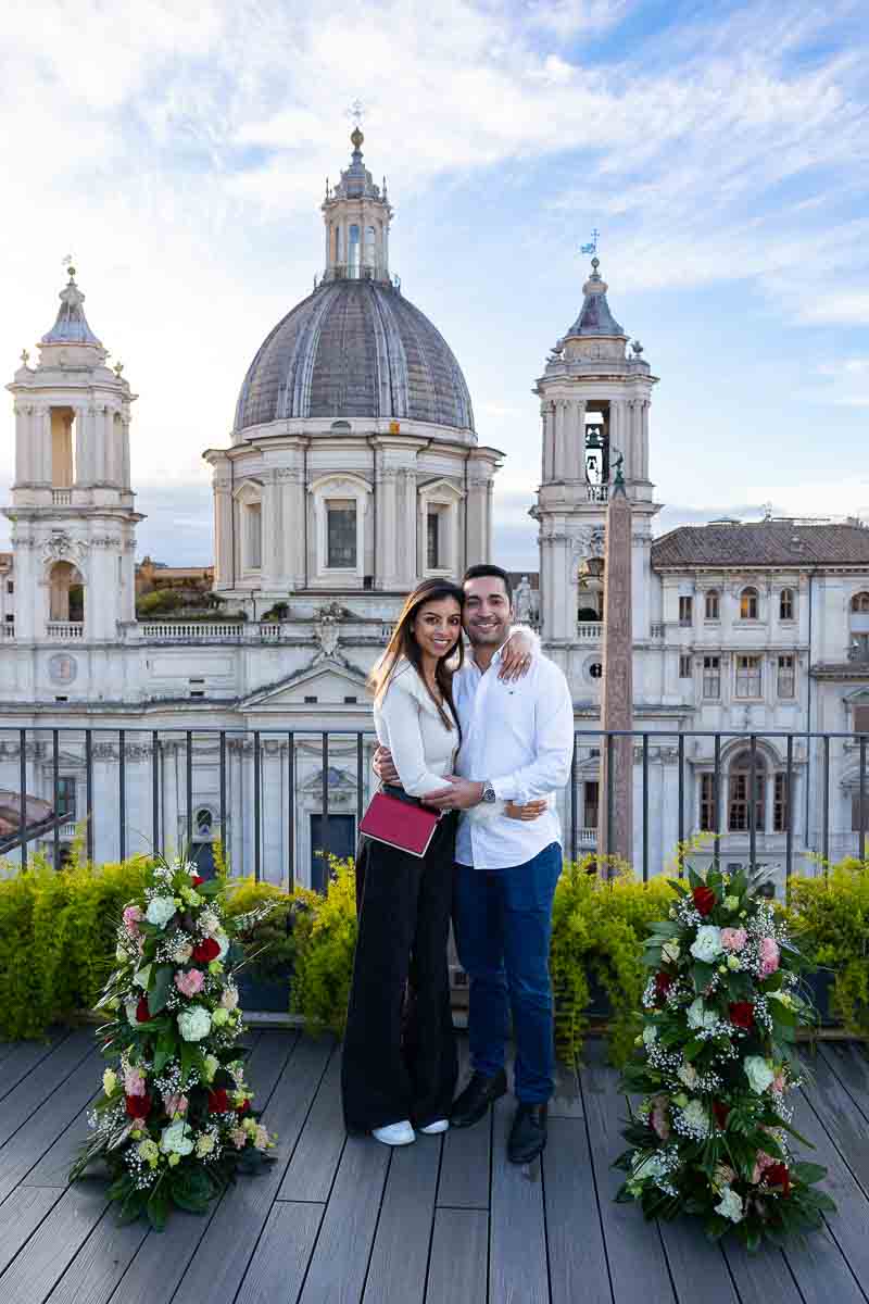 Portrait picture framed before the church facade on a beautiful ornamental rooftop 