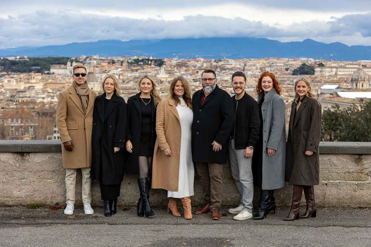 Extended family pictures in Italy overlooking the city from the above Janiculum hill also called Gianicolo