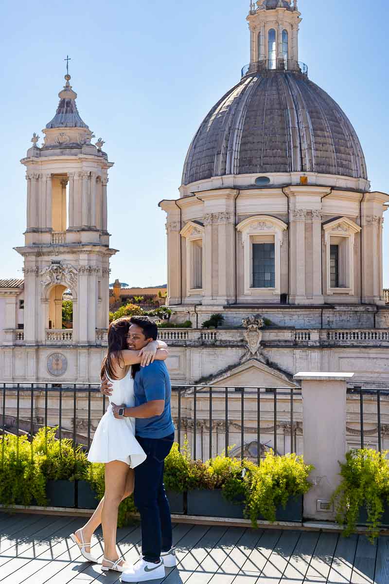 In love in the Eternal city after proposing marriage on a private terrace rooftop 