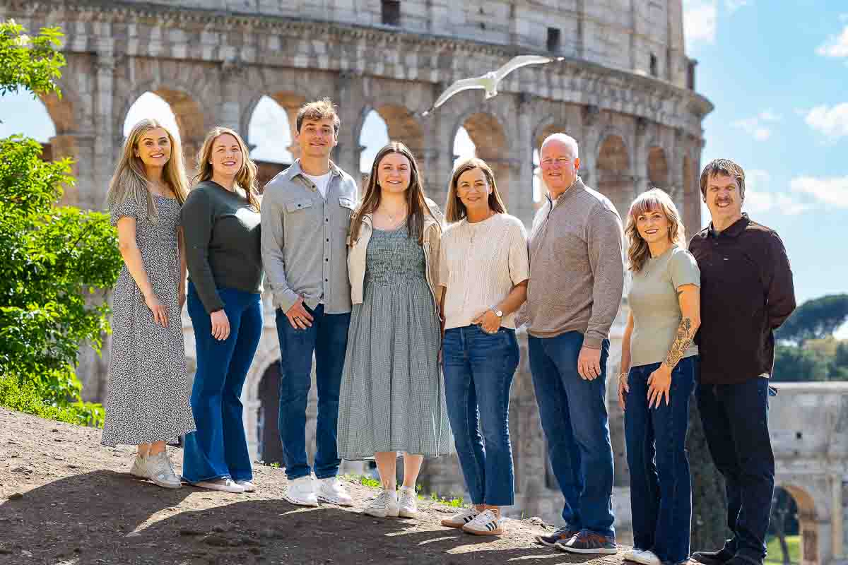 Colosseum portrait. Photo in front of the iconic Colosseum, with a seagull flying above