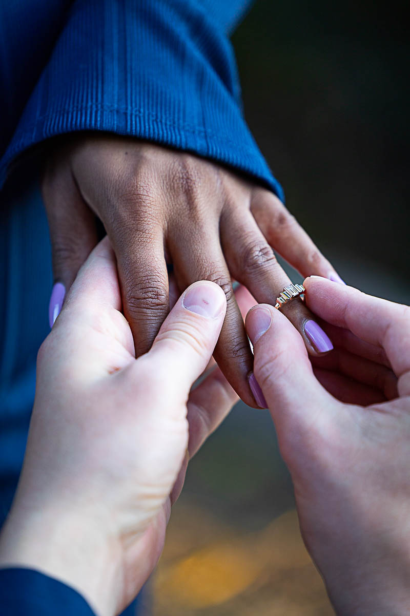 The moment in which the engagement ring is placed on the fiancee's finger