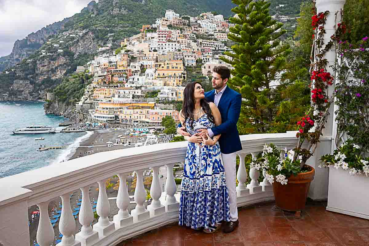 Balcony view photography session of c ouple in Positano photographed during a Positano Couples Photoshoot