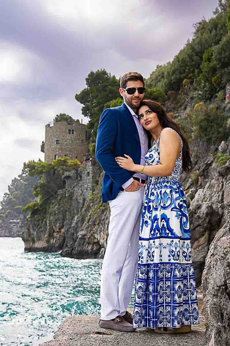 Portrait couples photographed close together standing posed in Positano photoshoot
