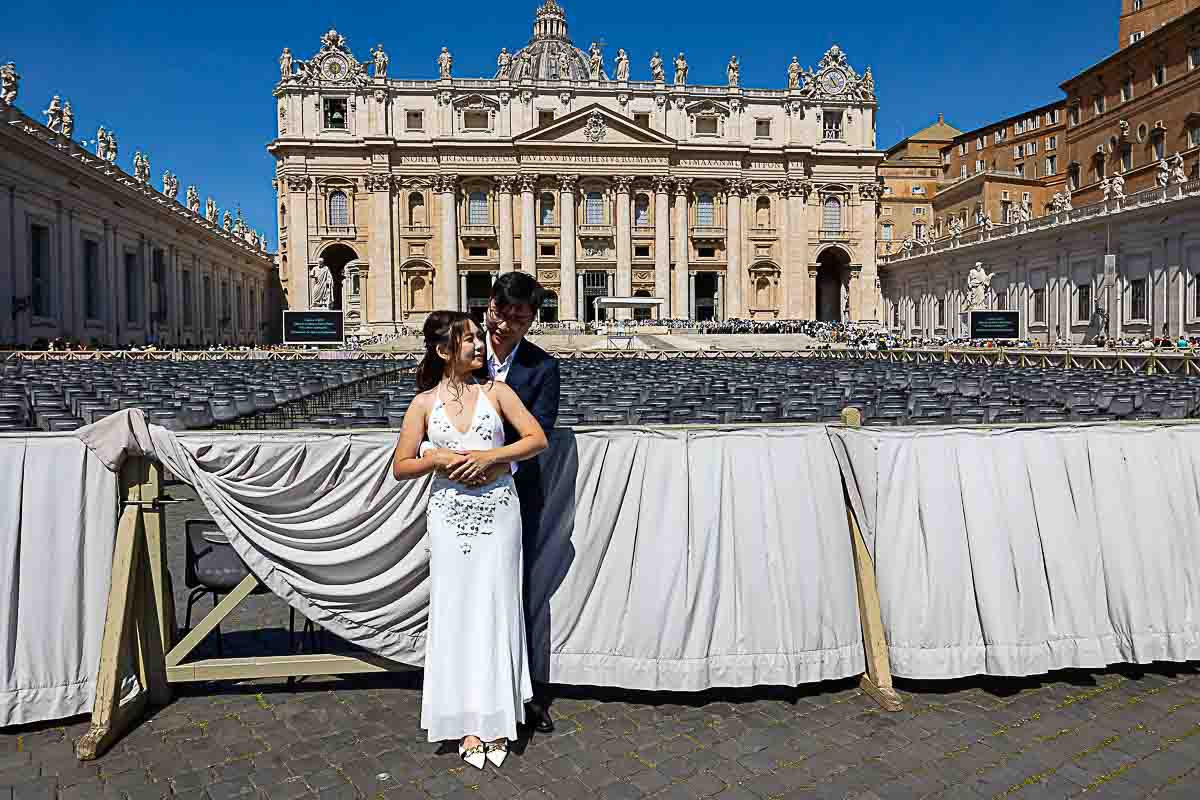 Matrimonial couple portrait snapped in front of the Saint Peter's basilica facade