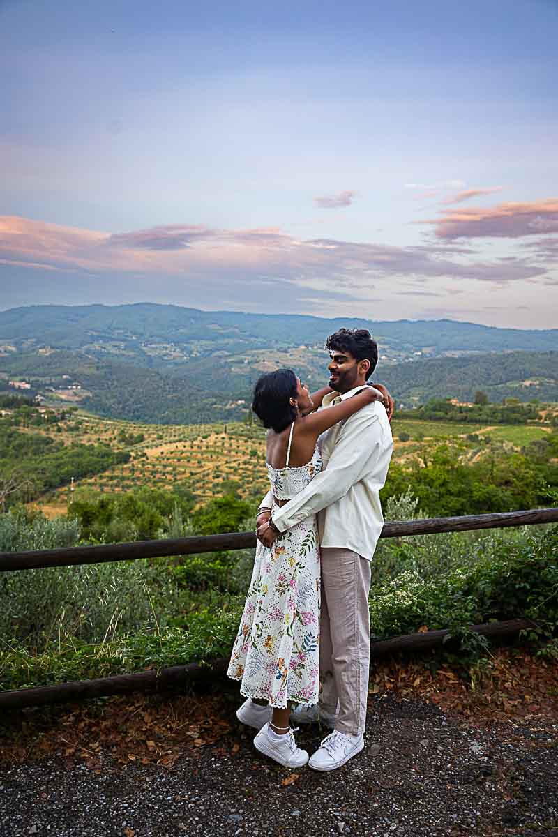 Engagement photography snapshot before the countryside view at dusk and evening sunset