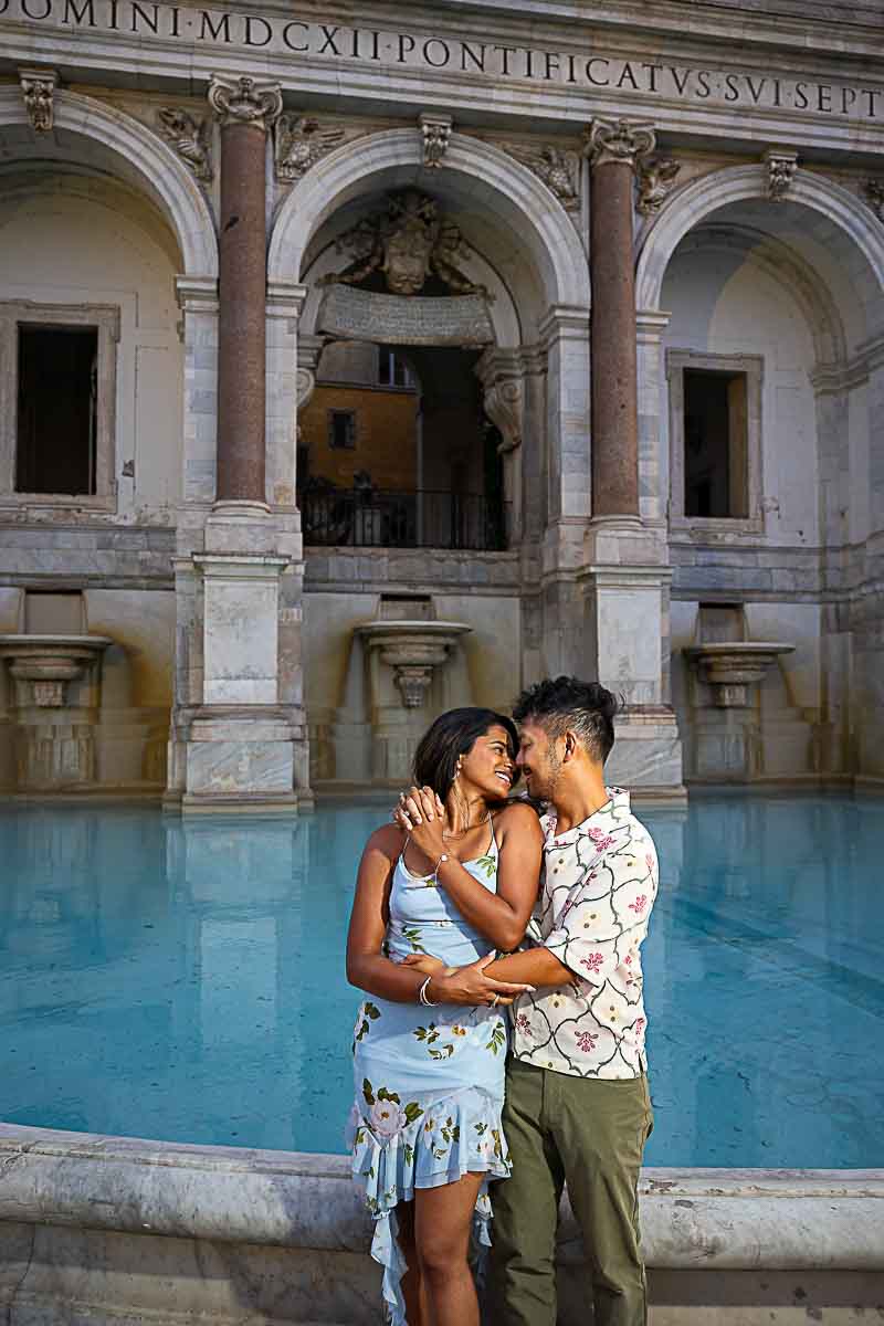 Posed snapshot just engaged image taken by water fountain at sunset