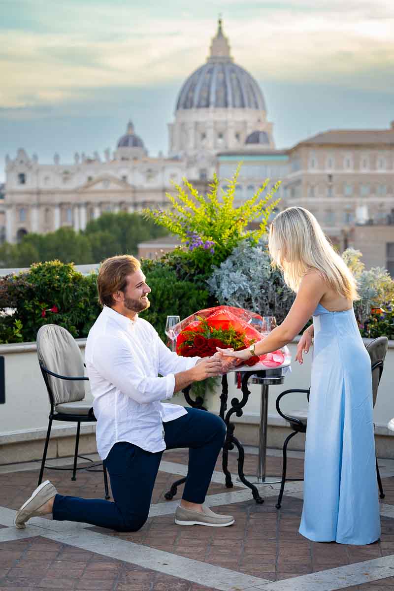 Picture of the knee down moment during the private terrace proposal in Rome Italy 