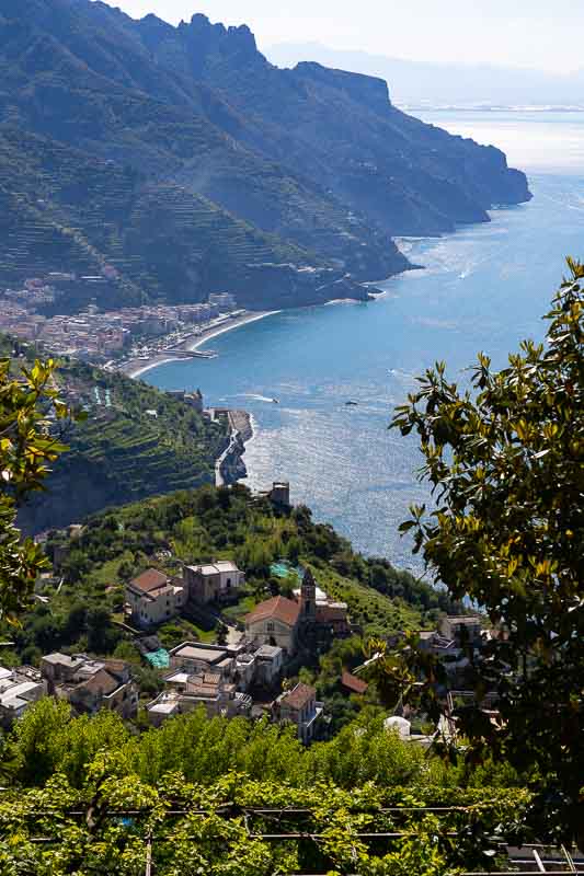 View of Amalfi coast seen from the above town seaside panorama