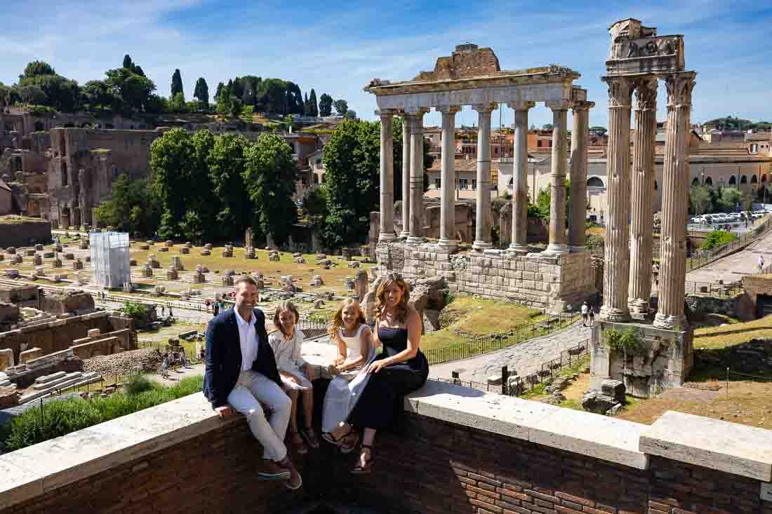 Sitting down for a photo shoot. Roman forum. wide angle panoramic view of such an ancient city