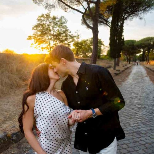 Final romantic kiss captured by Andrea Matone as the couple celebrates their new beginning beneath the fading evening light in Rome